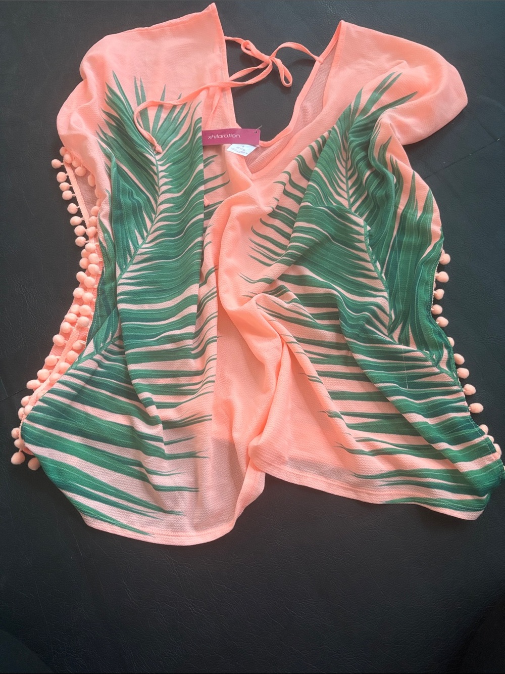 Xhilaration Peach Palm-Print Sheer Swim Cover-Up with Tie Neck